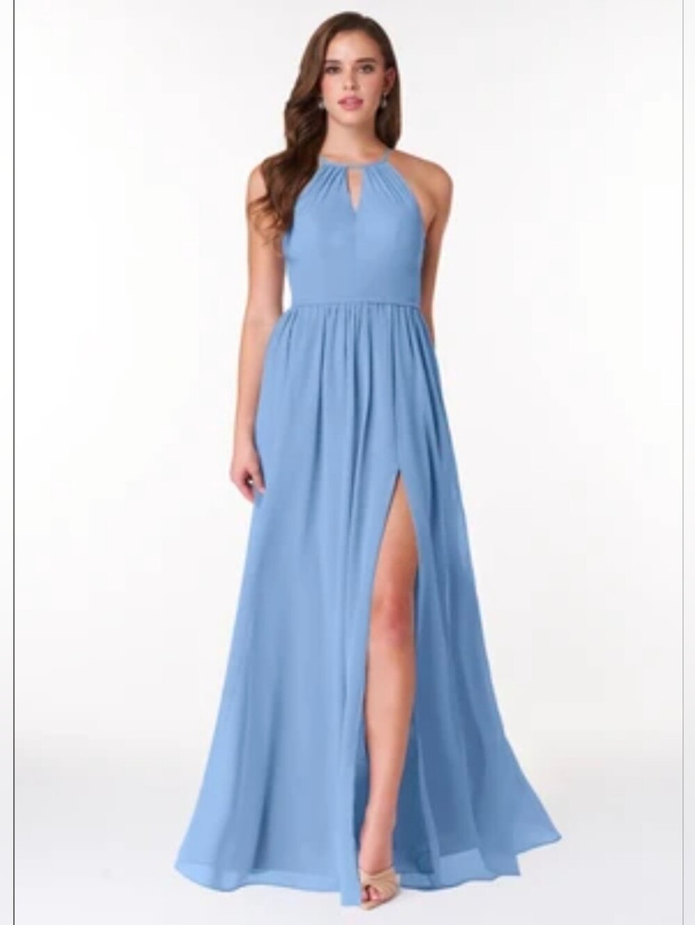Azazie Mallory Steel Blue Chiffon Sleeveless Halter Maxi Bridesmaid Dress